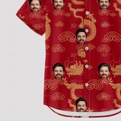 Custom Hawaiian Shirts with red, gold dragons, clouds, and face images