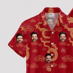 Custom Hawaiian Shirts with red, gold dragons, clouds, and face images