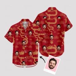 Custom Hawaiian Shirts with red, gold dragons, clouds, and face images