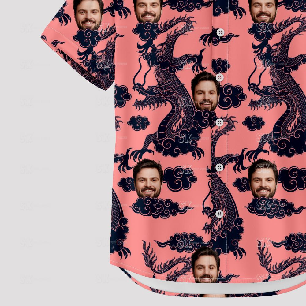 Custom Hawaiian Shirts with pink background, dragons, clouds, and repeating face