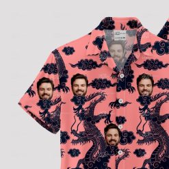 Custom Hawaiian Shirts with pink background, dragons, clouds, and repeating face