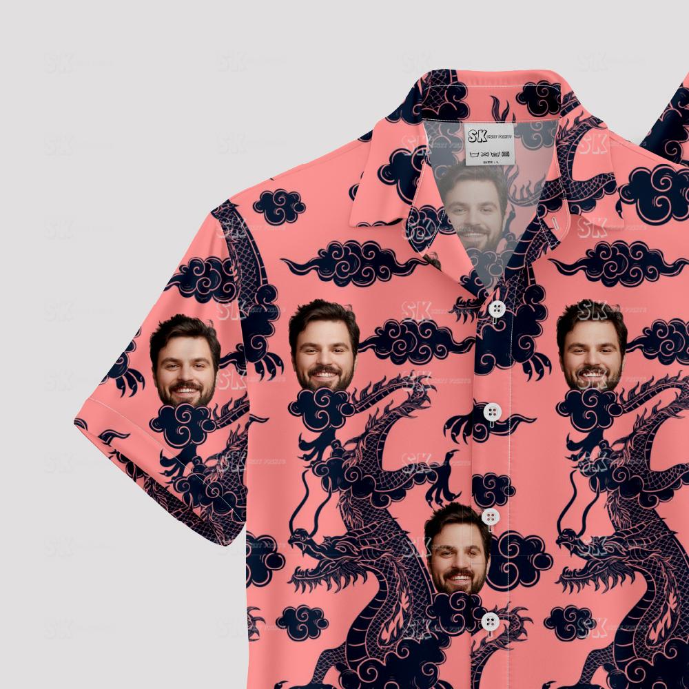 Custom Hawaiian Shirts with pink background, dragons, clouds, and repeating face