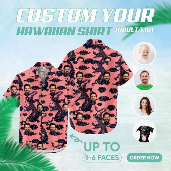 Custom Hawaiian Shirts with pink background, dragons, clouds, and repeating face