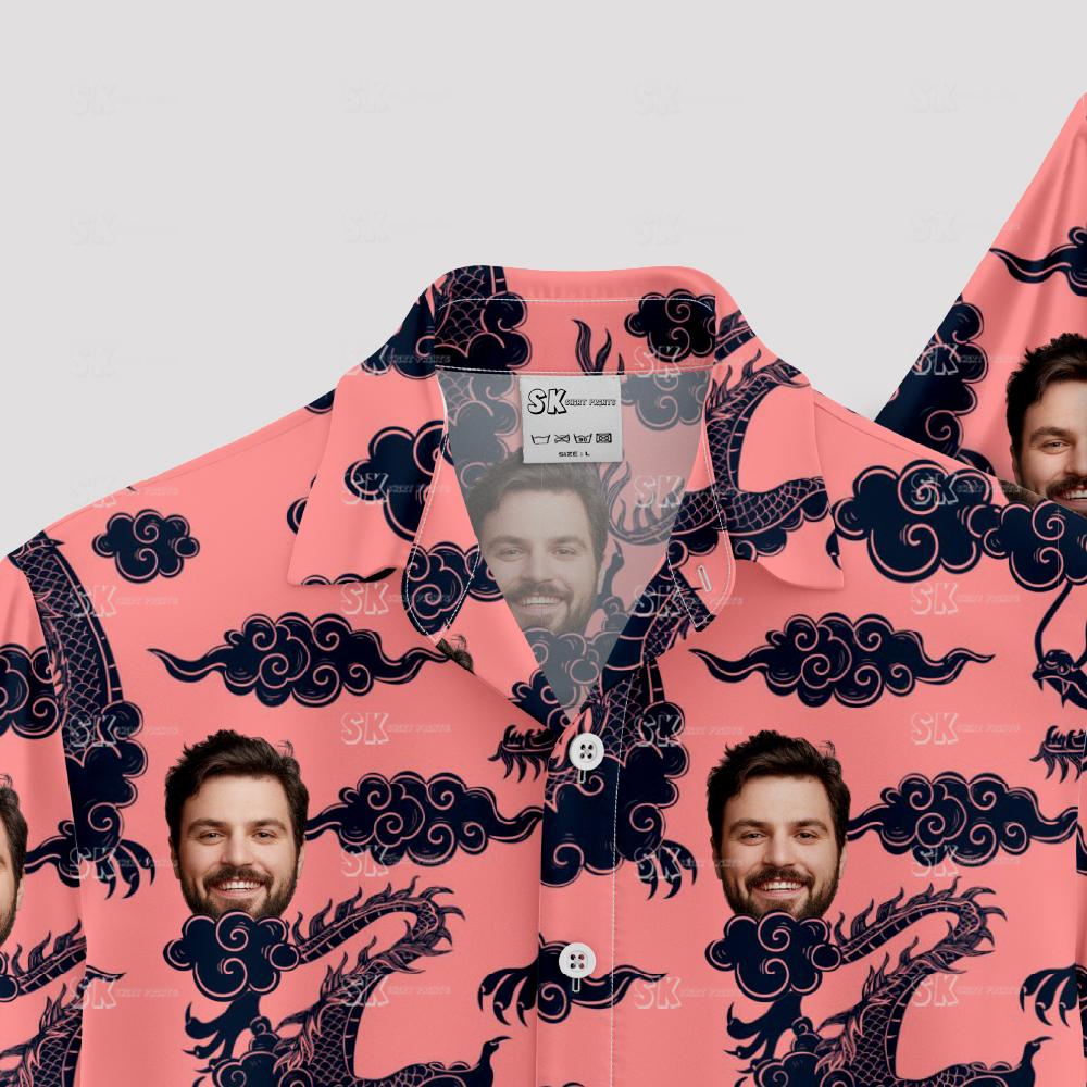 Custom Hawaiian Shirts with pink background, dragons, clouds, and repeating face