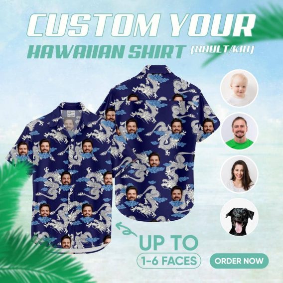 Custom Hawaiian Shirts with white dragons, clouds, and personalized faces