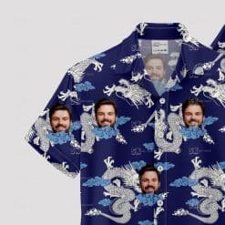 Custom Hawaiian Shirts with white dragons, clouds, and personalized faces