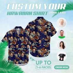 Custom Hawaiian Shirts with dragons, clouds, and personalized face on navy