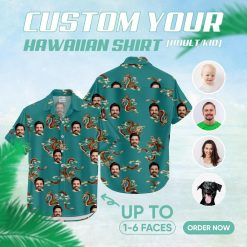 Custom Hawaiian Shirts with illustrated dragons and man's face on teal