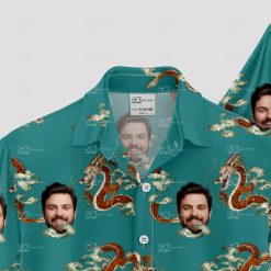Custom Hawaiian Shirts with illustrated dragons and man's face on teal