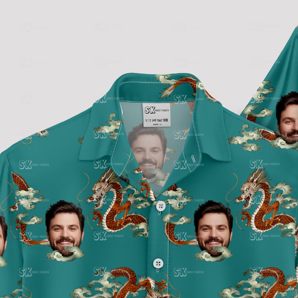 Custom Hawaiian Shirts with illustrated dragons and man's face on teal