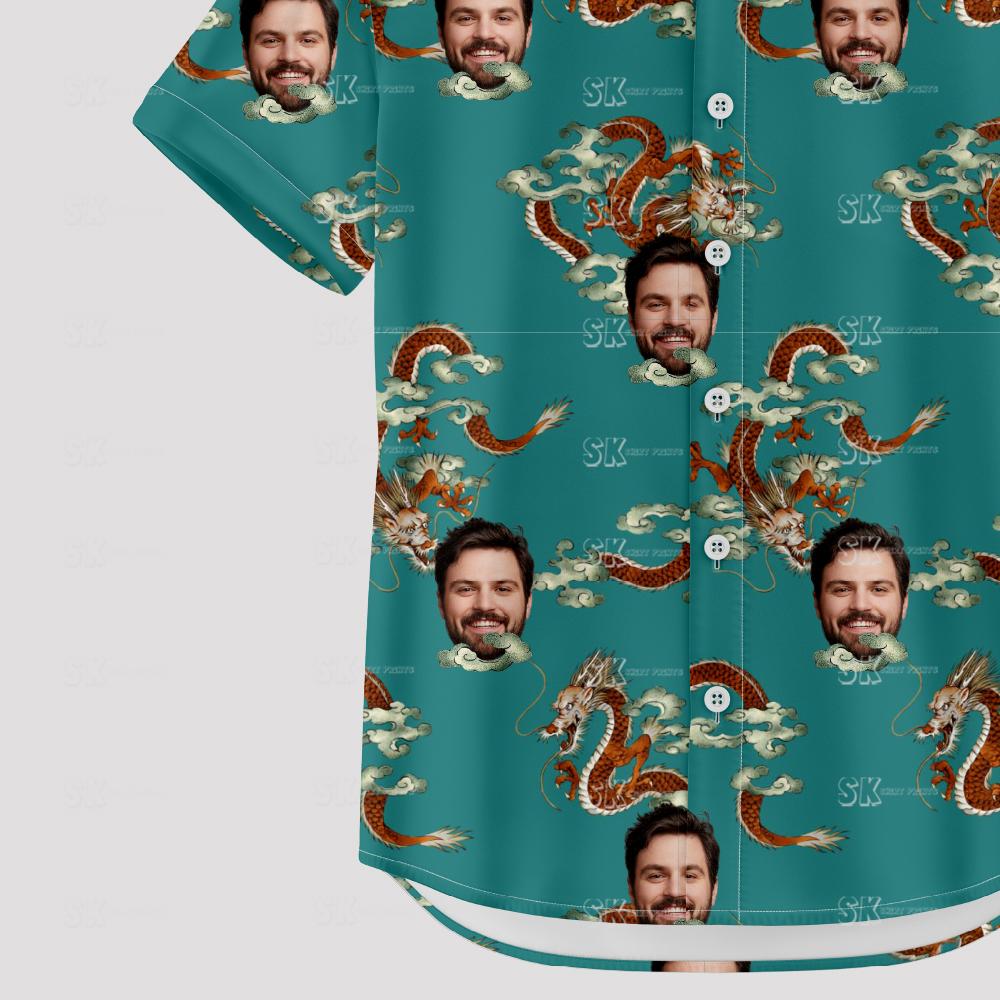 Custom Hawaiian Shirts with illustrated dragons and man's face on teal