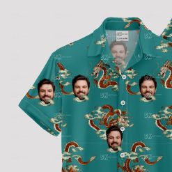 Custom Hawaiian Shirts with illustrated dragons and man's face on teal