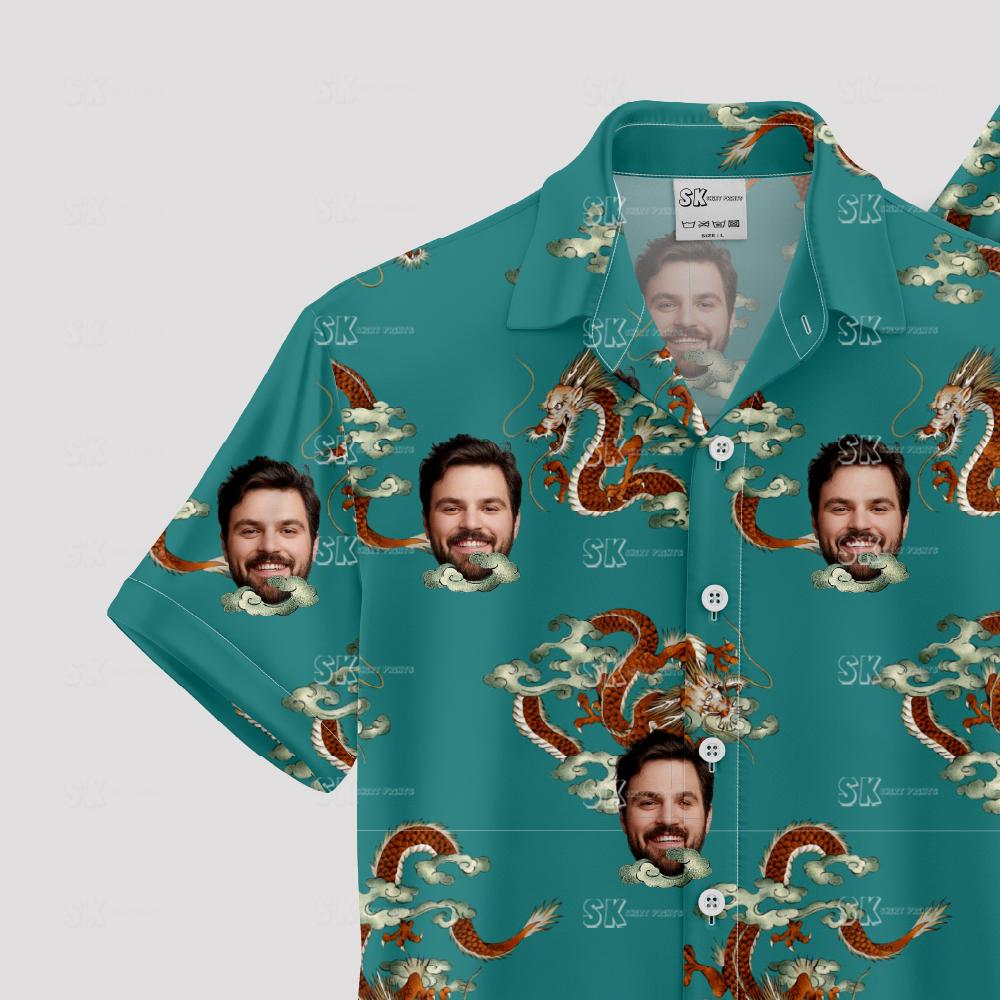 Custom Hawaiian Shirts with illustrated dragons and man's face on teal
