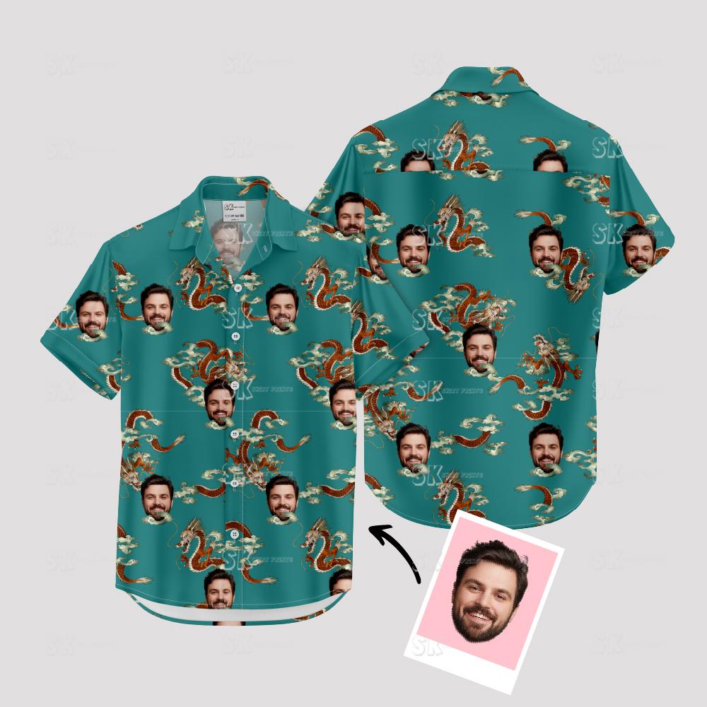 Custom Hawaiian Shirts with illustrated dragons and man's face on teal