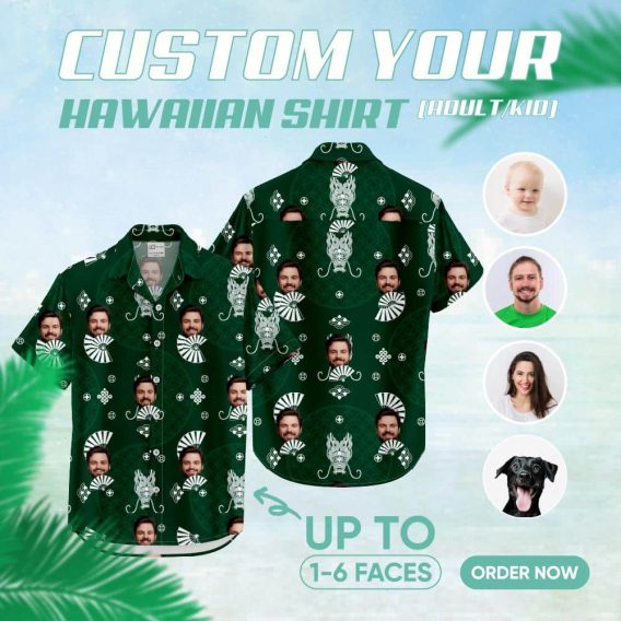 Custom Hawaiian Shirts with faces, geometric patterns, and animal motifs