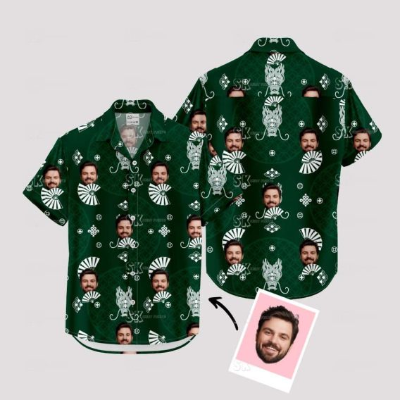 Custom Hawaiian Shirts with faces, geometric patterns, and animal motifs
