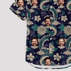 Custom Hawaiian Shirts with green floral, serpent, and face designs