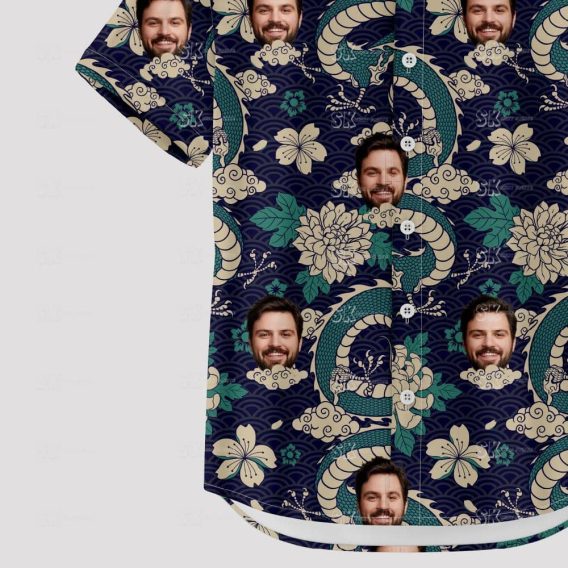 Custom Hawaiian Shirts with green floral, serpent, and face designs