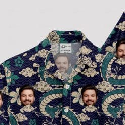 Custom Hawaiian Shirts with green floral, serpent, and face designs