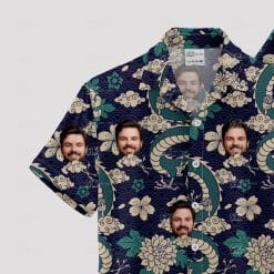 Custom Hawaiian Shirts with green floral, serpent, and face designs