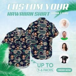 Custom Hawaiian Shirts with green floral, serpent, and face designs