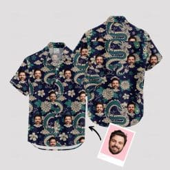 Custom Hawaiian Shirts with green floral, serpent, and face designs