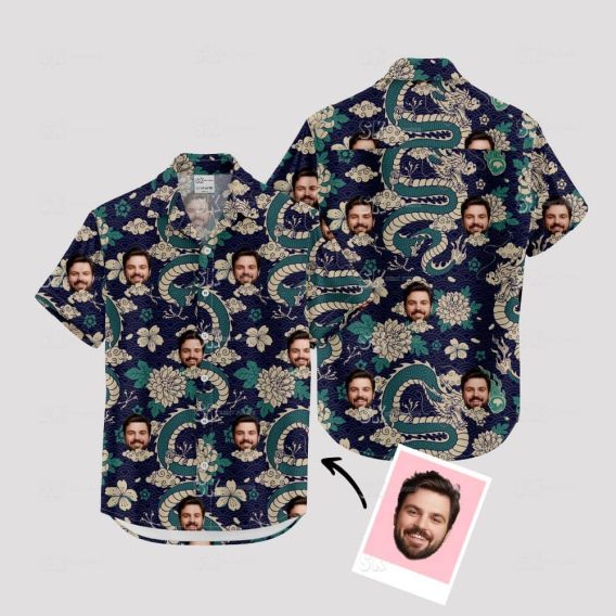 Custom Hawaiian Shirts with green floral, serpent, and face designs