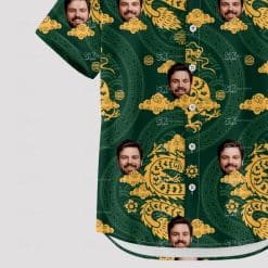 Custom Hawaiian Shirts featuring gold dragons, green clouds, and a man's face