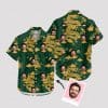 Custom Hawaiian Shirts featuring gold dragons, green clouds, and a man's face