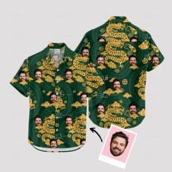 Custom Hawaiian Shirts featuring gold dragons, green clouds, and a man's face