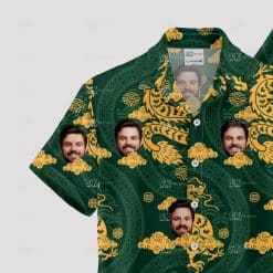 Custom Hawaiian Shirts featuring gold dragons, green clouds, and a man's face