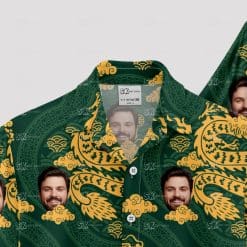 Custom Hawaiian Shirts featuring gold dragons, green clouds, and a man's face
