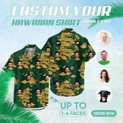 Custom Hawaiian Shirts featuring gold dragons, green clouds, and a man's face