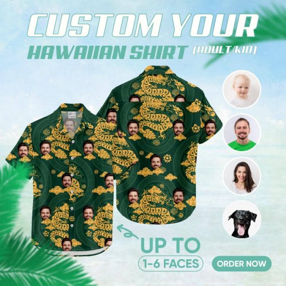 Custom Hawaiian Shirts featuring gold dragons, green clouds, and a man's face