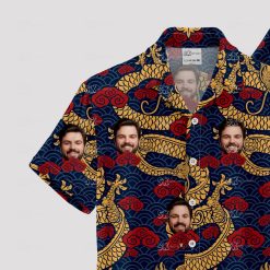 Custom Hawaiian Shirts with golden dragons, swirling red clouds, and faces