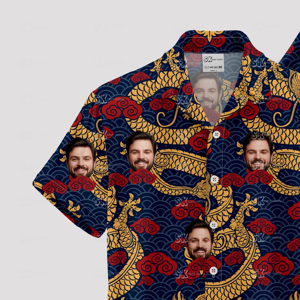 Custom Hawaiian Shirts with golden dragons, swirling red clouds, and faces