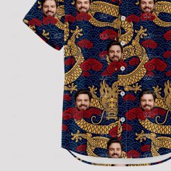 Custom Hawaiian Shirts with golden dragons, swirling red clouds, and faces