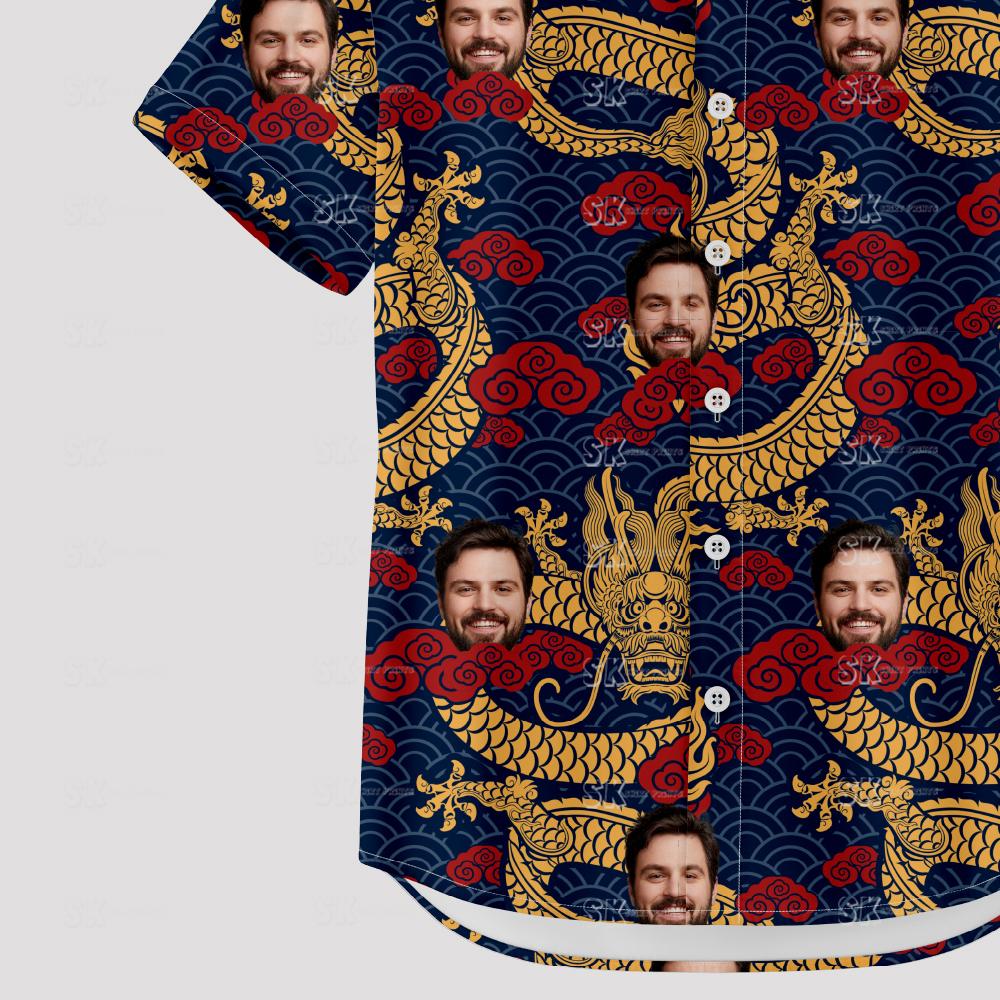 Custom Hawaiian Shirts with golden dragons, swirling red clouds, and faces
