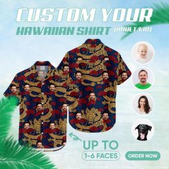 Custom Hawaiian Shirts with golden dragons, swirling red clouds, and faces