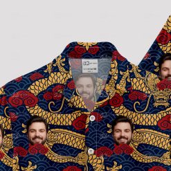 Custom Hawaiian Shirts with golden dragons, swirling red clouds, and faces