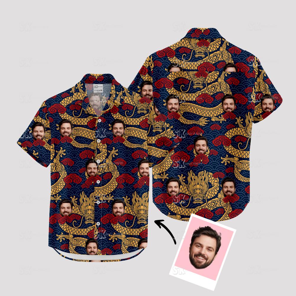 Custom Hawaiian Shirts with golden dragons, swirling red clouds, and faces