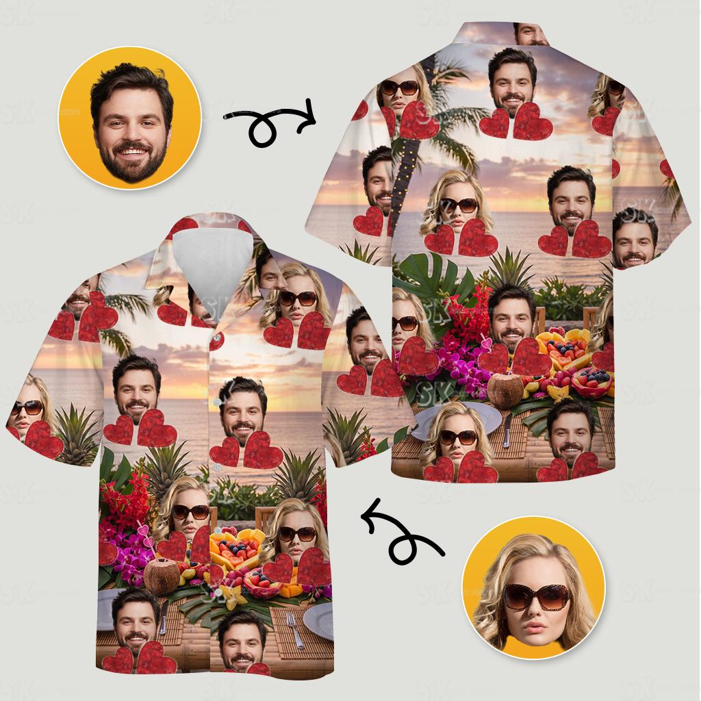 hawaiian costume for couples with tropical plants, faces, sunset, hearts