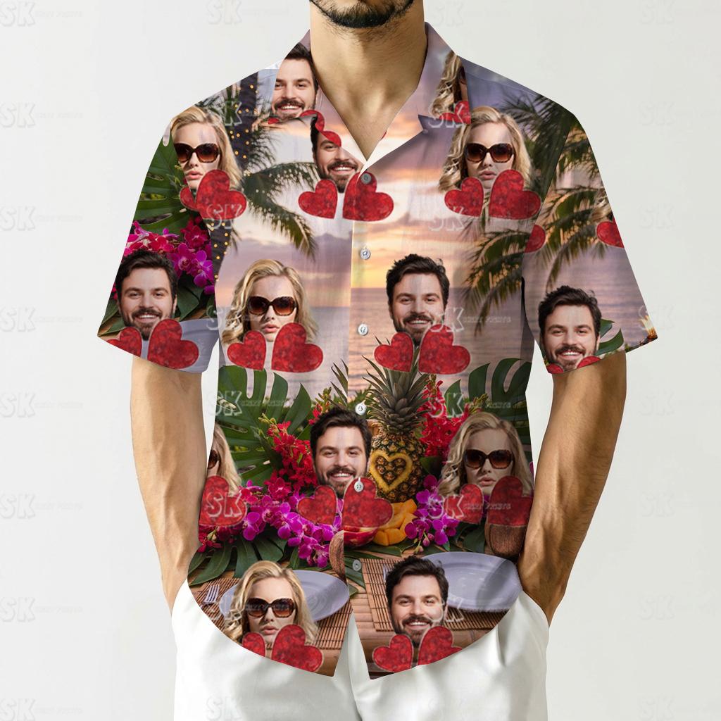 Hawaiian costume for couples with sunset, flowers, faces, palm trees, hearts