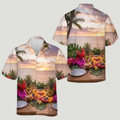 hawaiian costume for couples with sunset, palm trees, and tropical fruits