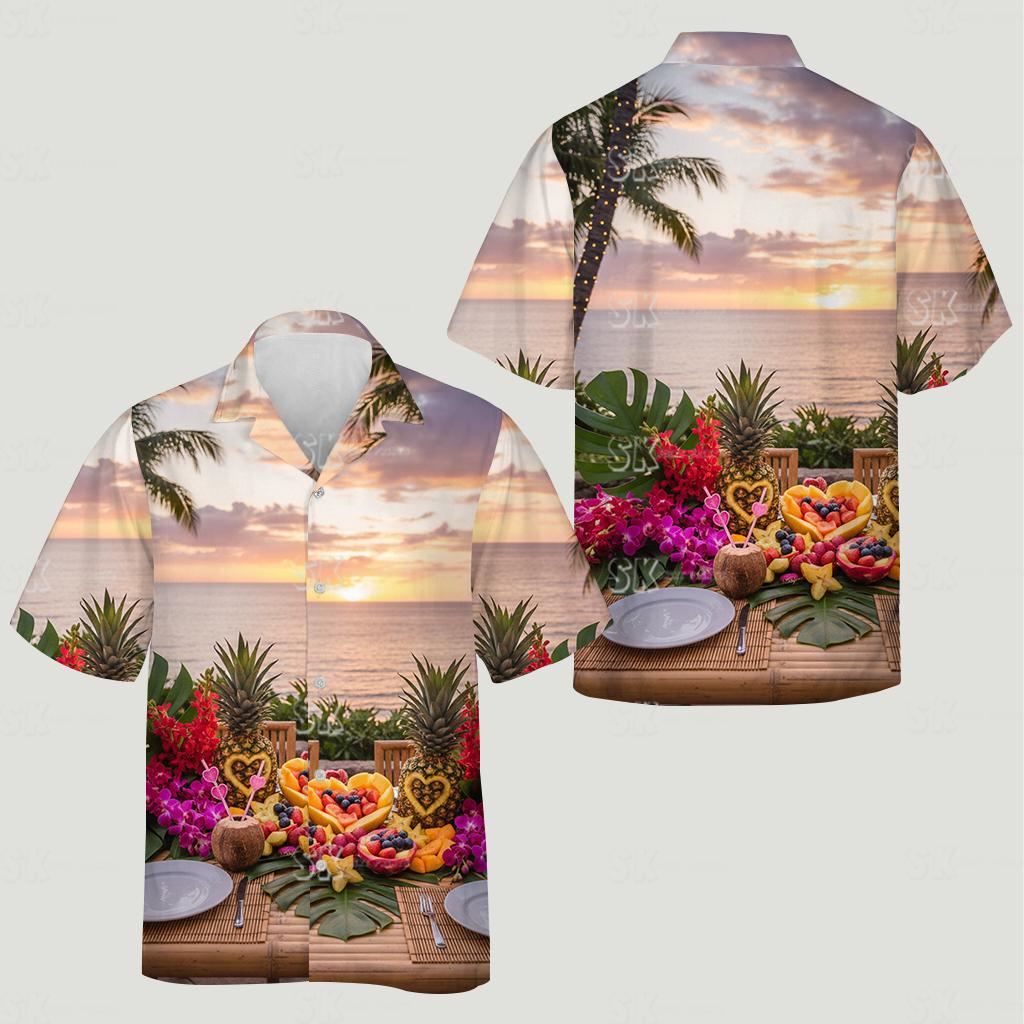 hawaiian costume for couples with sunset, palm trees, and tropical fruits