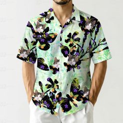 Hawaiian shirt with dog face, cat collage, green, black shapes, colorful details