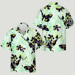 Hawaiian shirt with dog face, cat collage, green, black shapes, colorful details
