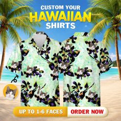 Hawaiian shirt with dog face, cat collage, green, black shapes, colorful details