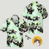 Hawaiian shirt with dog face, cat collage, green, black shapes, colorful details