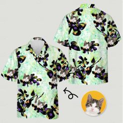 Hawaiian shirt with dog face, cat collage, green, black shapes, colorful details